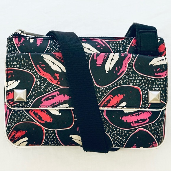 L.A.M.B. Mini Messenger Bag in Black, Pink & Red Lips PVC - Picture 4 of 15